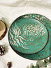Emerald color glaze embossed stoneware dinner mug plate set