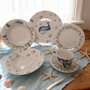 White Porcelain Decal Printed 24pcs Round Dinner Set Ceramic Dinnerware