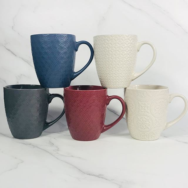 Newest Full Color Glaze Embossed Mug Stoneware Coffee Mug