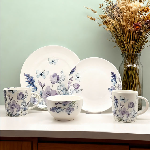 White Porcelain 16-Piece Round Dinner Set with Flower Design Microwave Safe & Leak-Proof