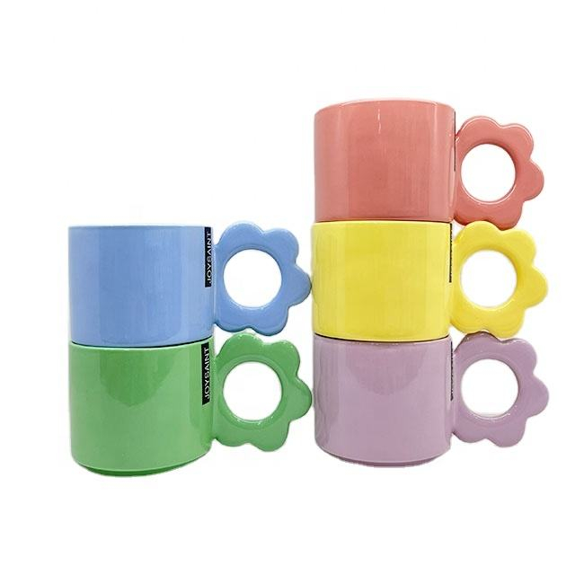 Bright colors flower handle color glaze mug set new bone china