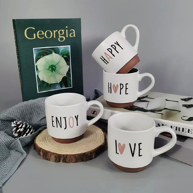White Color Glaze Embossed logo Stacking Mug Set