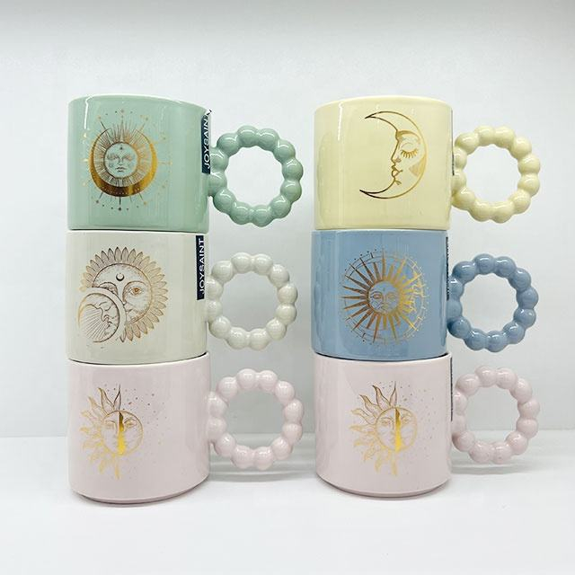 Round handle color glaze coffee mug set gold decal mug