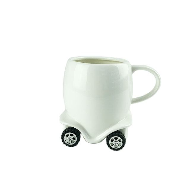 Creative Design White Ceramic Cartoon Car Mug With Wheel