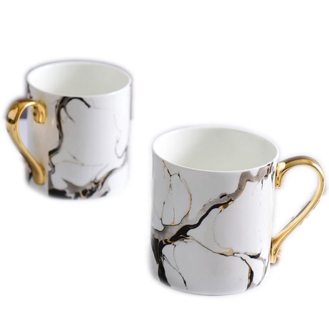 High Quality Marble Marbling Ceramic Tea Coffee Milk Mug Cup with Gold Handle