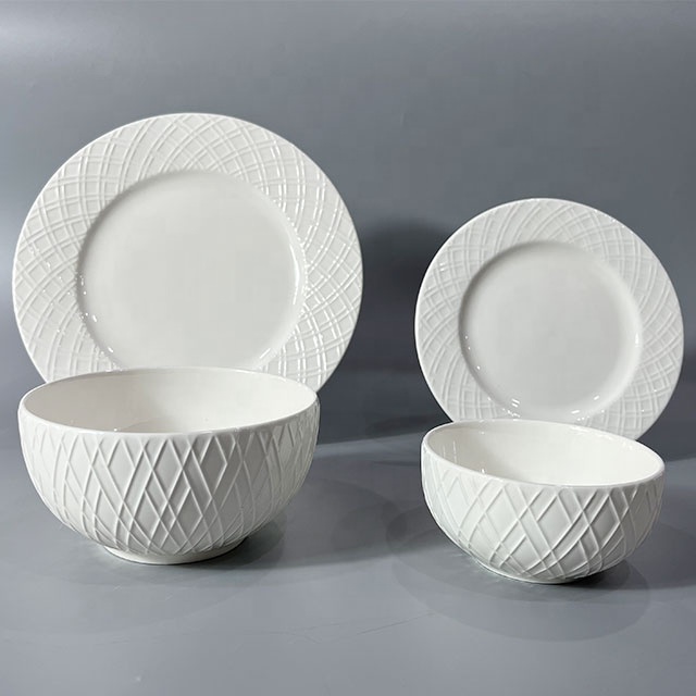 2024 Hot Sell New Bone China White Embossed 16pcs Dinner Set