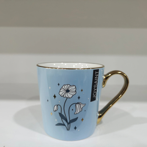 Flower Decal Gift Ceramic Coffee Mug with Golden Handle