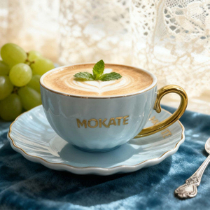 Color Glazed Embossed Coffee Cup and Saucer Reusable Dishwasher and Microwave Safe