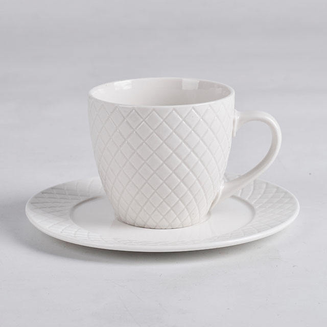 Porcelain White Embossed Coffee Cup and Saucer Set Dishwasher & Microwave Safe Reusable Home Gift