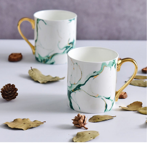 Nordic Design Luxurious Gold-plated Handle Mug Marble Design Ceramic Coffee Mug