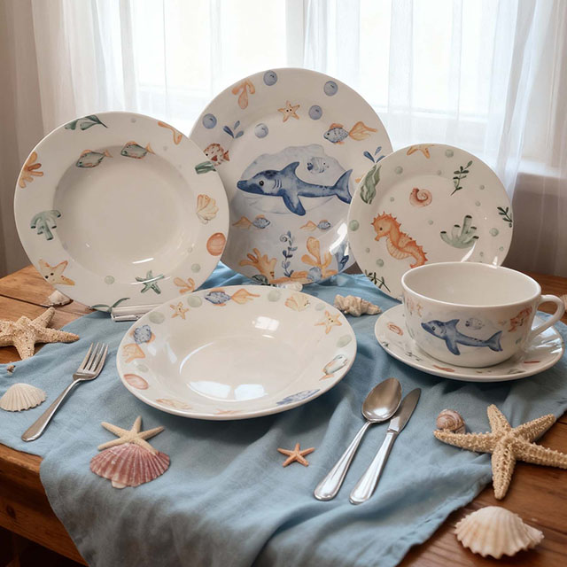 White Porcelain Decal Printed 16-Piece Round Dinner Set Ceramic Dinnerware Microwave Dishwasher & Leak-Proof Safe
