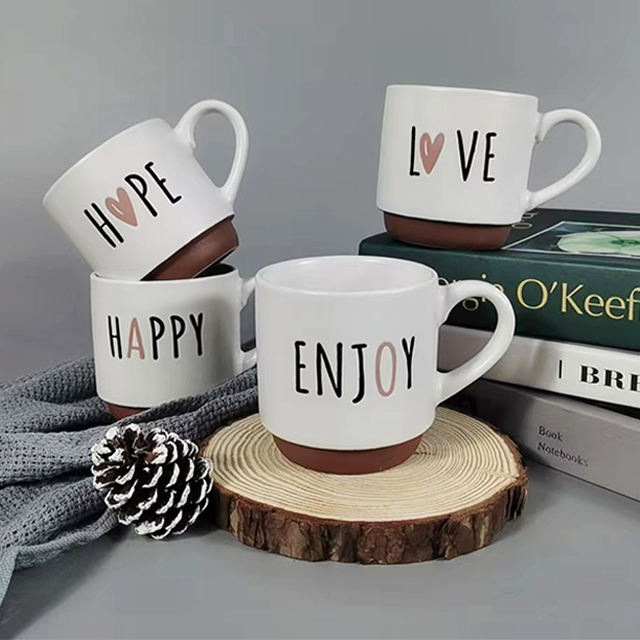 White Color Glaze Embossed logo Stacking Mug Set